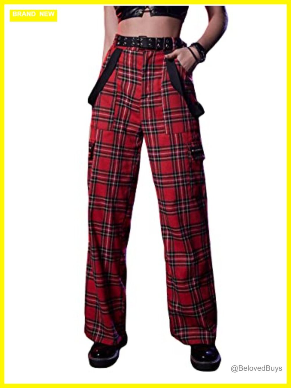 Women's Tartan Plaid Print Elastic Waist Straight Leg Pants Trousers